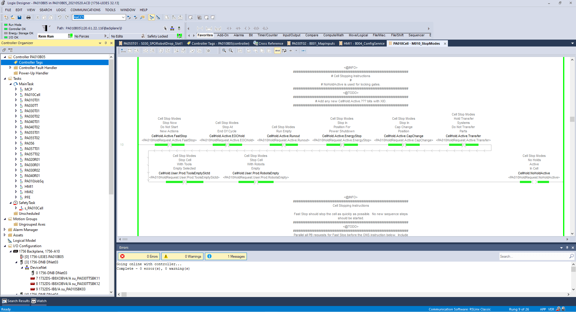 Allen-Bradley Logix Designer ladder logic for cell stop modes