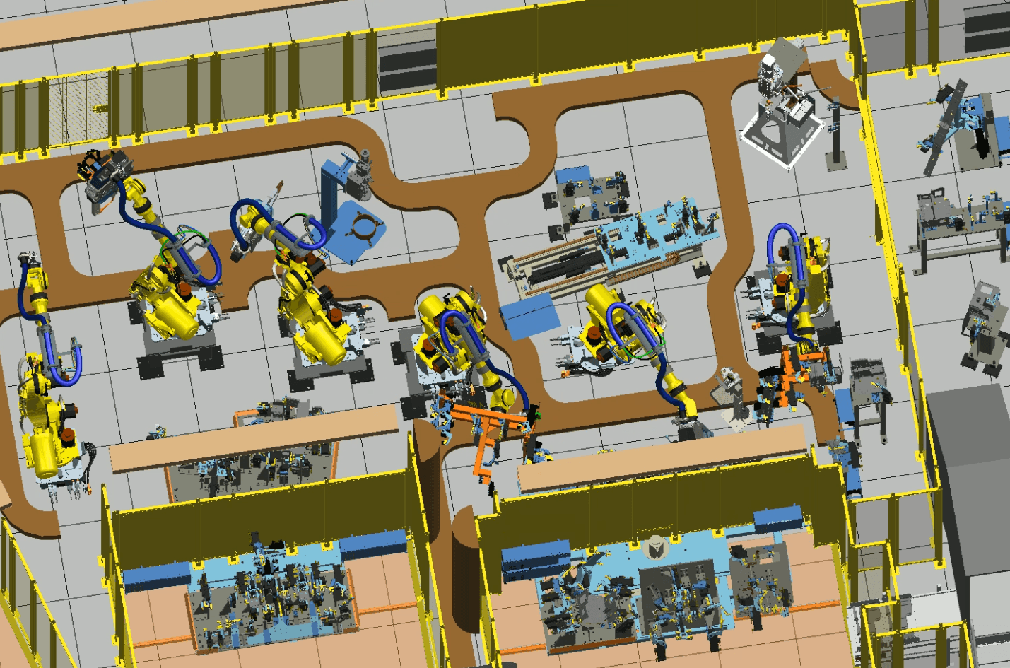 Top-down robot cell simulation layout with multiple robots and tooling stations